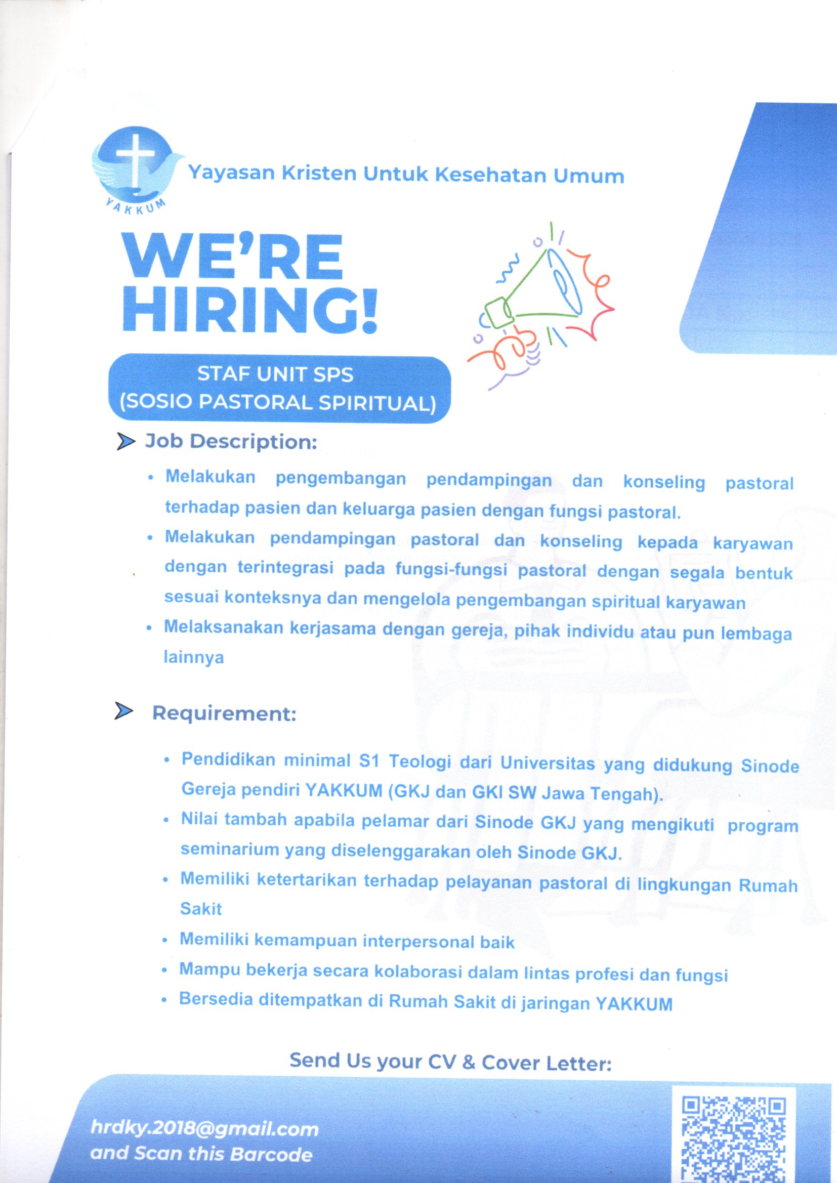 LOWONGAN STAFF UNIT SPS (SOSIO PASTORAL SPIRITUAL) YAKKUM